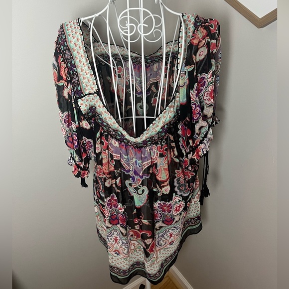 Y2k Boho Gypsy Silk Beaded Crochet Floral Peasant Babydoll Blouse Tassel XL - Picture 2 of 4